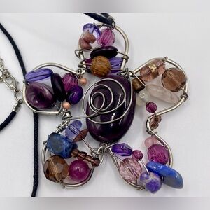 Silver Tone Wire Wrapped Amethyst, Quartz,‎ Beaded Star Necklace 18” Black Cord
